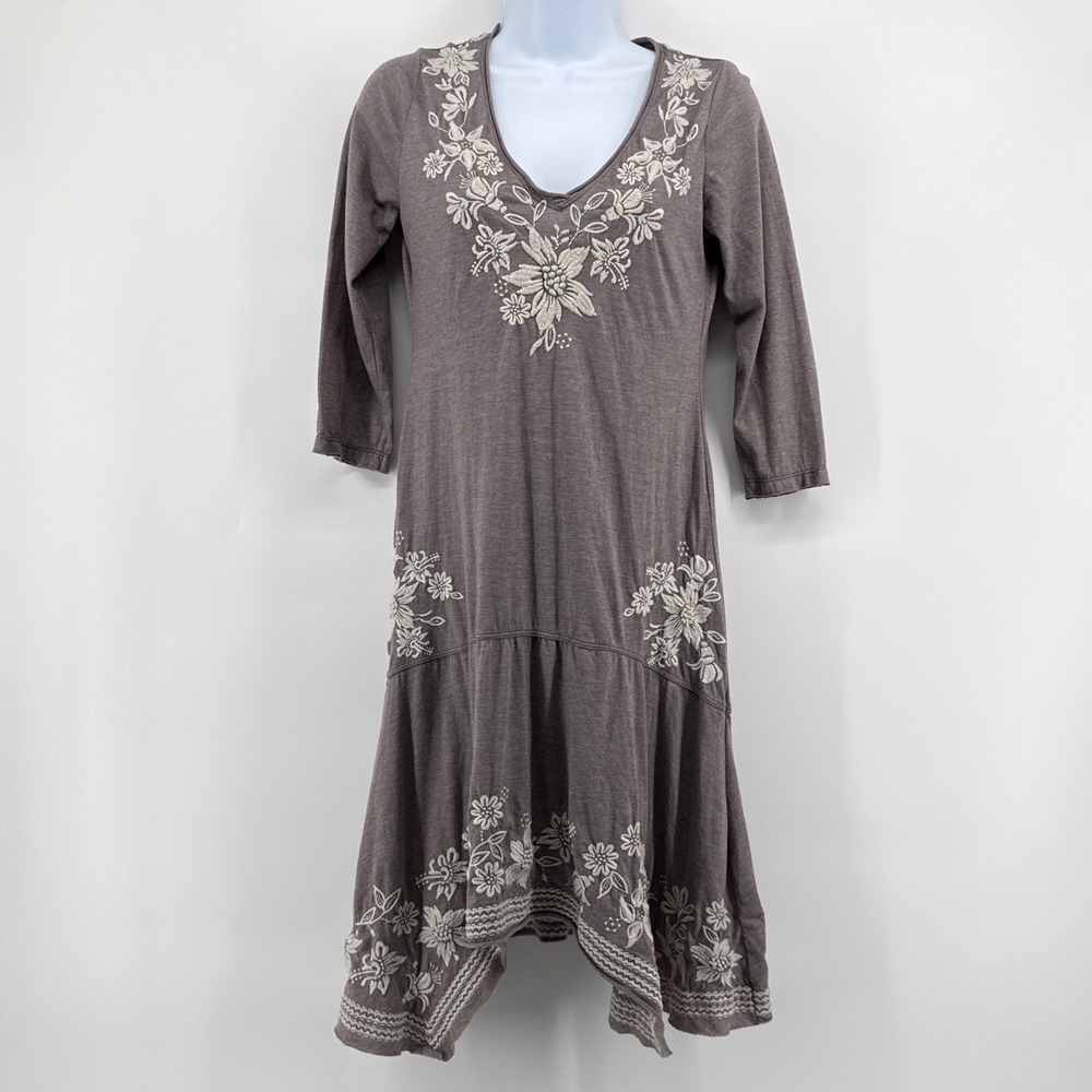 JW Los Angeles Johnny Was Embroidered‎ Knit Sharkbite Tunic Dress Gray Small